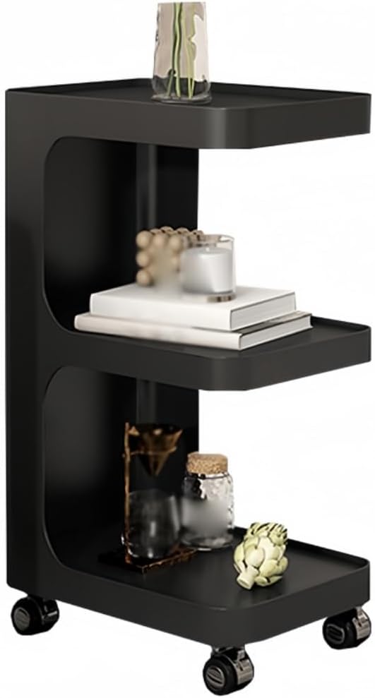 E-Shaped 3-Tier Sofa Side Table with Storage - Rolling Iron Corner Table for Small Spaces, Living Room, Apartment, Studio & Reading Nook