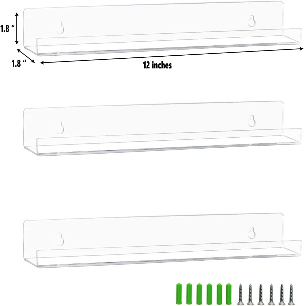 3 Pack Vinyl Record Wall Mount Holder-12 Inch Clear Acrylic Shelf for Vinyl Record Display - Floating Book Shelves for Kids Room