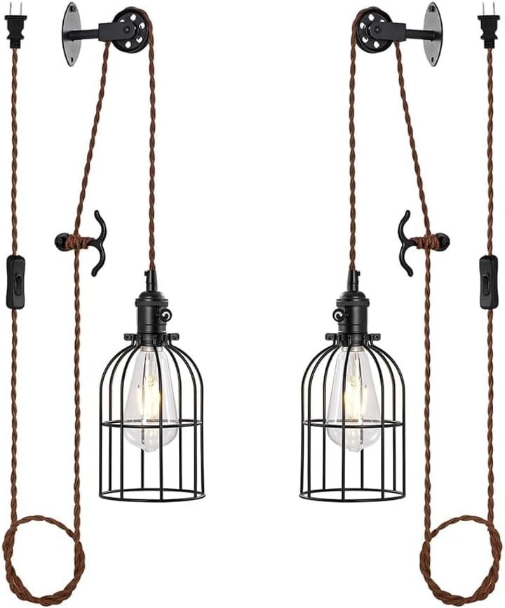SEEBLEN Plug in Pendant Light Set of 2,Industrial Hanging Lamps that Plug into Wall Outlet,Farmhouse Pulley Pendant Light with Plug in Cord, Wall Lamps for Bedroom Living Room Kitchen.