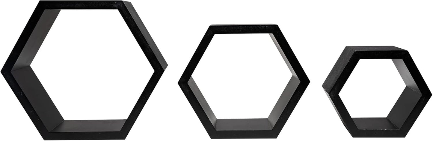 DD DEFINED DECO Set of 3 Pine Wood Hexagon Shelves for Wall Decor,Wall Mounted Floating Shelves,Farmhouse Honeycomb Living Room,Hanging Rustic Shelf Racks Bedroom,Nursery, Black, (B2C230007-3SET)