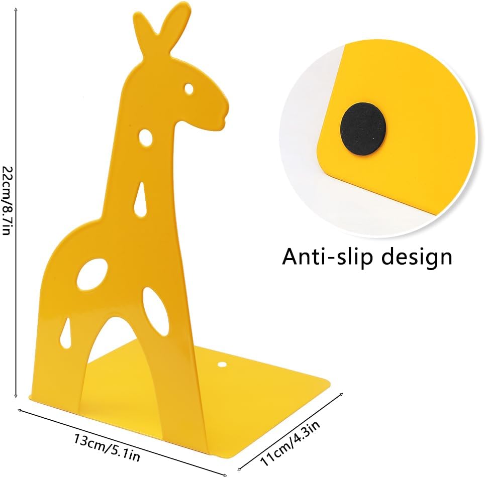 Yellow Giraffe Bookends Cute Metal Book Ends Decorative Bookends Animal Style Book Holder Journal Book Organizer CD Holder Home Office Bookends for Back to School Student Birthday Kids Gifts