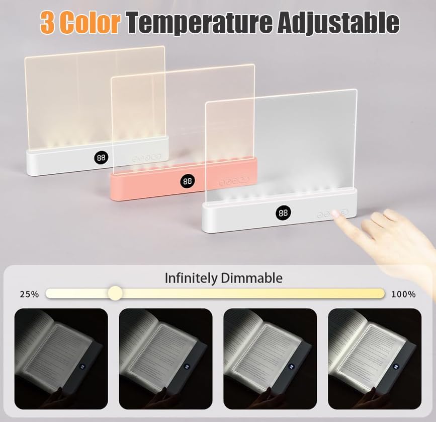 AVEKI Book Light, Dimmable LED Reading Light 3 Color Flat Book Lamp for Reading, Rechargeable Full Page Lights with Timer Portable Bookmark Lights Clip On Study Light for Kids Eye Protection (Pink)