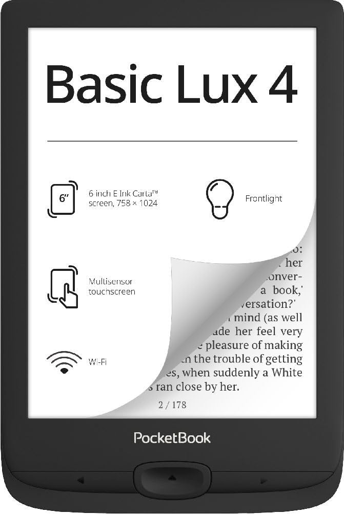 PocketBook Basic Lux 4 E-Book Reader - 6" Glare-Free HD E-Ink Display - Frontlight - Compact & Lightweight Ebooks Reader - Wi-Fi, Ergonomic Buttons - MicroSD Slot - Eye-Friendly Ereader