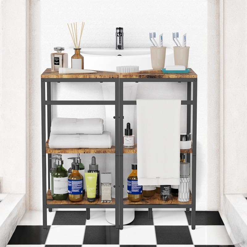 CADUKE Pedestal Sink Storage, 2 Pack Under Sink Organizer Shelf Bathroom Under Vanity Storage Shelf for Small Space, Bathroom Organizers Rack Stand 3 Tier Wooden Corner Shelves, Rustic Brown