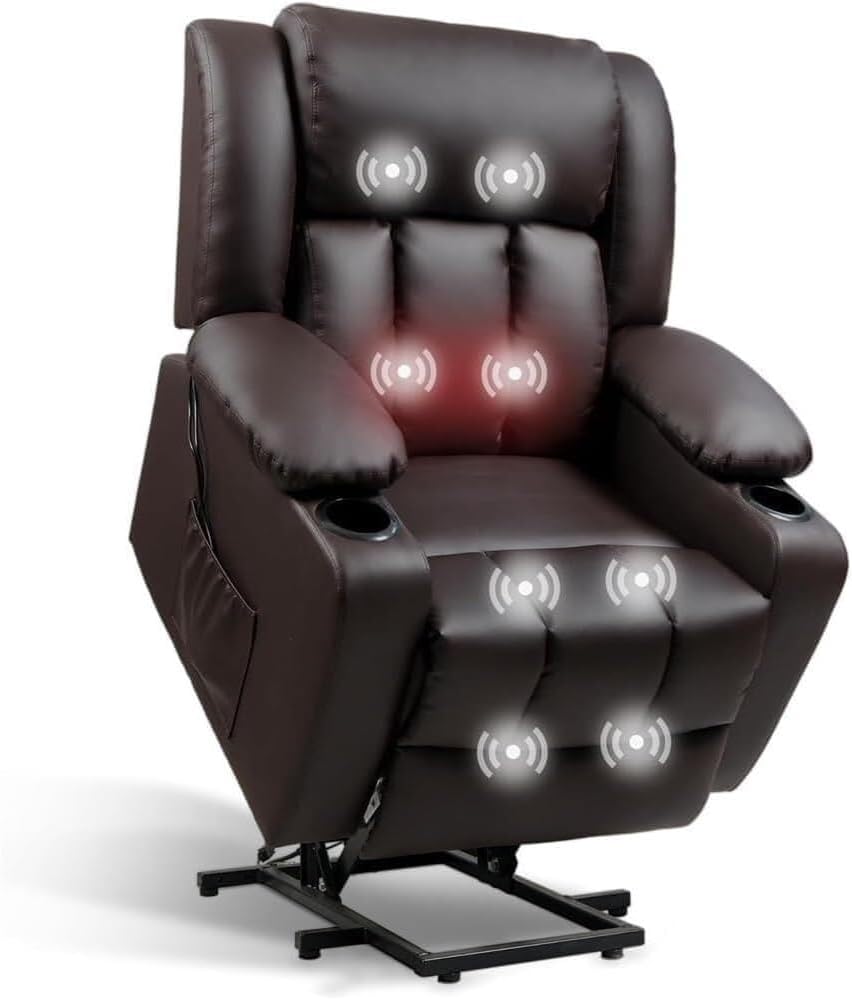Heavy Duty Power Lift Recliner with Massage & Heat – Oversized Electric Leather Recliner Chair for Elderly Adults, Cup Holders, USB Ports, Comfort Support Seating for Bedroom & Living Room