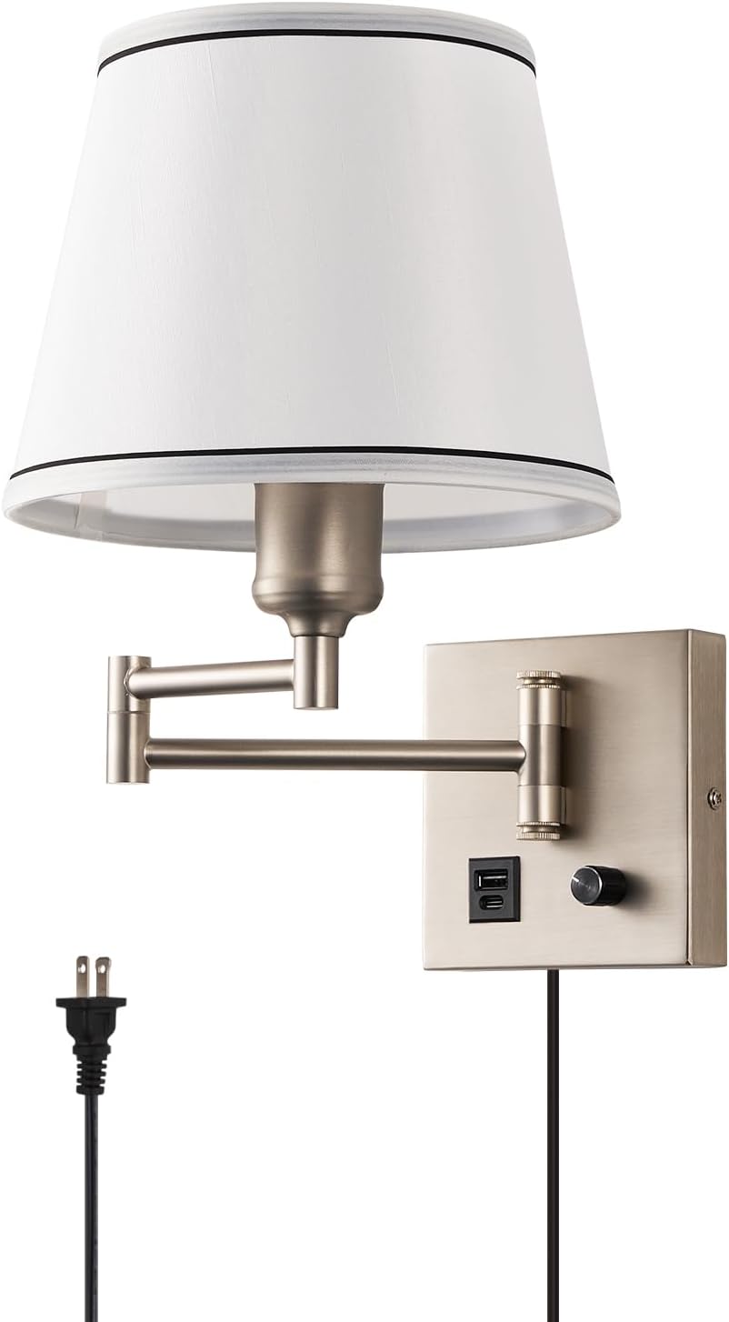 Swing Arm Wall Lamp with Type-C and USB Charging Port Wall Mounted Lamp with Dimmable Switch Plug in Wall Sconces White Fabric Shade Perfect for Bedside Living Room Reading Nook Office Satin Nickel