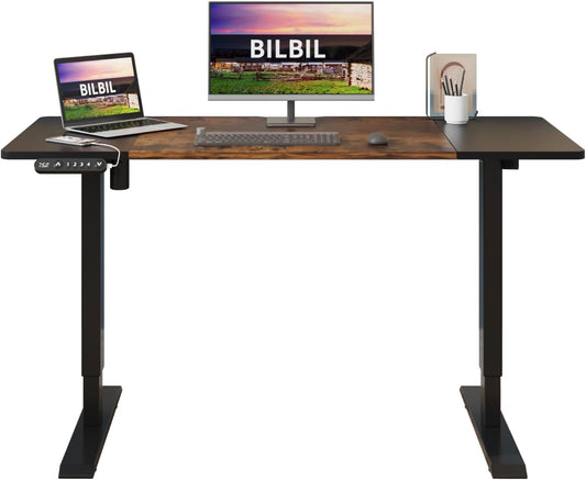 bilbil Height Adjustable Electric Standing Desk, 55 x 24 Inches Sit Stand up for Work Office Home, Ergonomic Rising Computer Table with Memory Preset with Splice Desktop (Rustic Brown, Black)