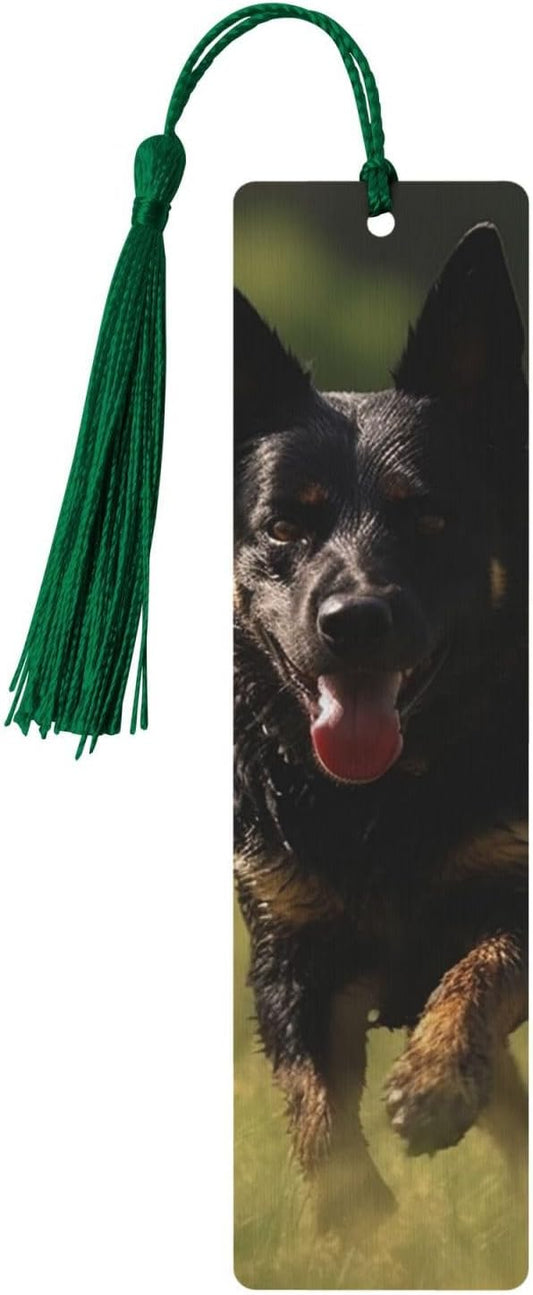 Running Black Dog Bookmarks Gifts for Women Men, Wooden Bookmarks for Book Lovers, Vintage Book Marks Ornaments with Tassel, Unique Personalized Reading Page Markers Dark Green
