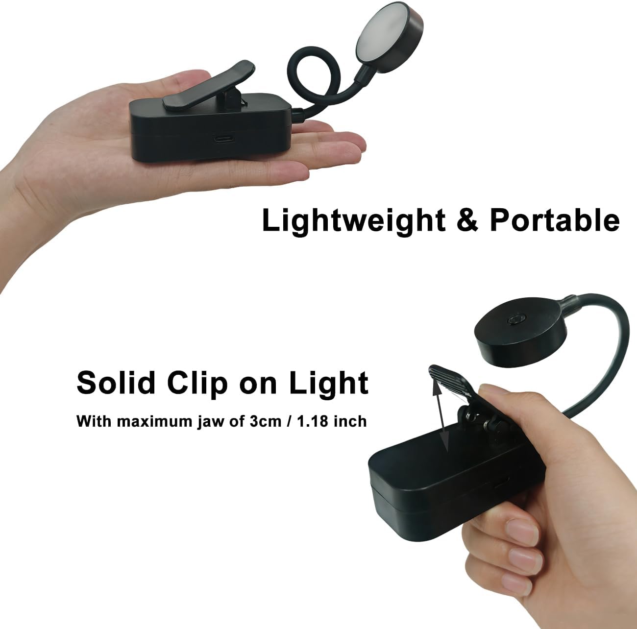 LED Portable Reading Light,3 Color Stepless Dimming Brightness, 1800mAh Rechargeable Book Light for Reading in Bed,Students,Kids, Travel, Nursing, Studying (Black)