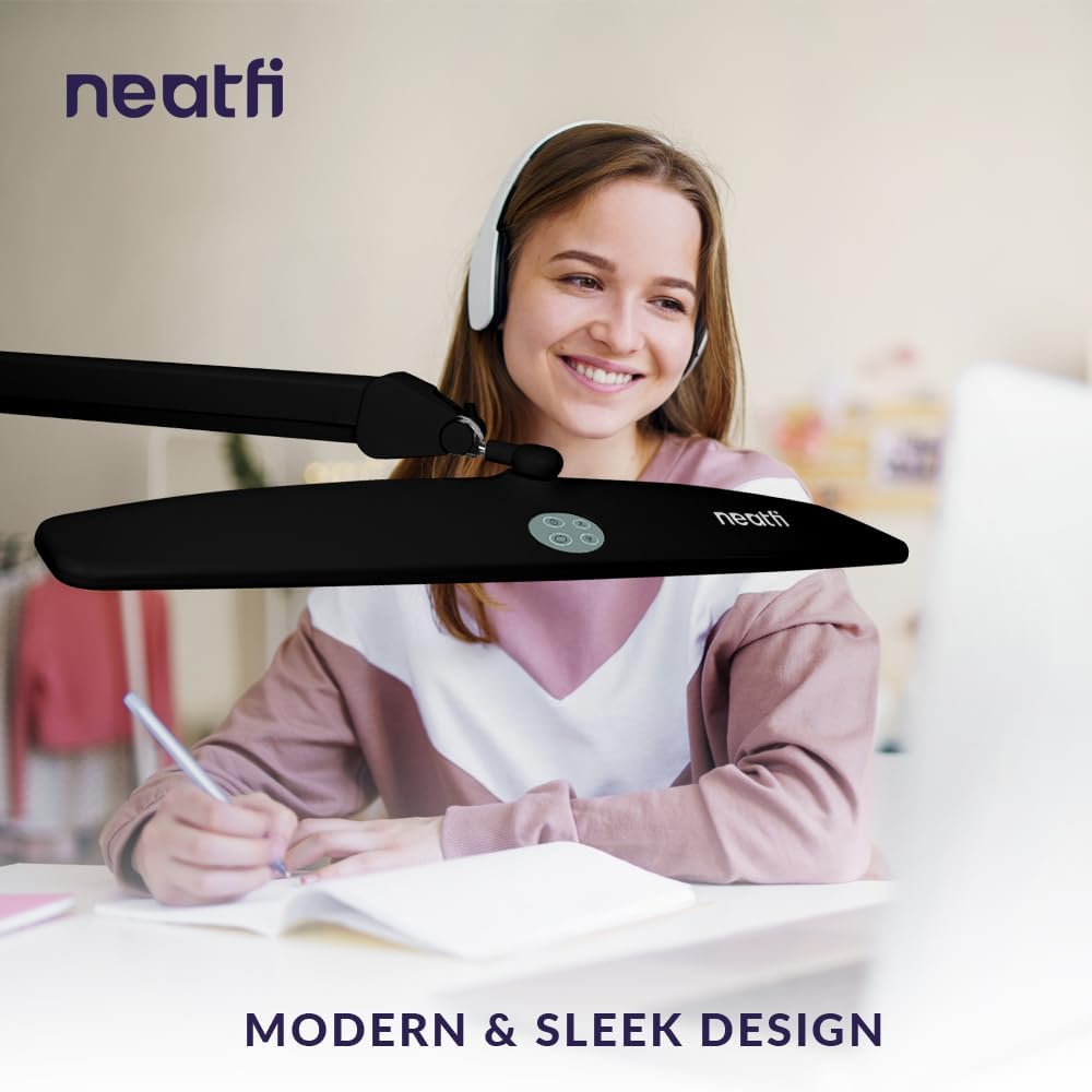 Neatfi Elite HD XL Task Lamp | 22-Inch Wide | 2,260 Lumens | 3 Color Temperature Modes | Non-Polar Dimming Desk Lamp (CCT with Clamp, Black)