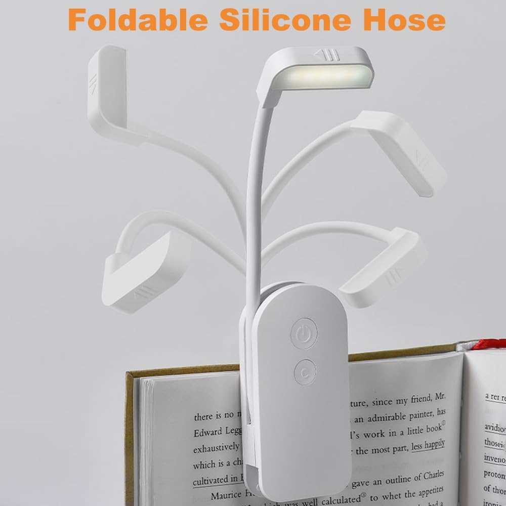 Book Light, Rechargeable Mini Clip on Reading Light with 3 Colors & Foldable Hose, Dimmable LED Book Night Light for Reading in Bed at Night, Gifts for Readers Book Lovers Women Men Kids (White)