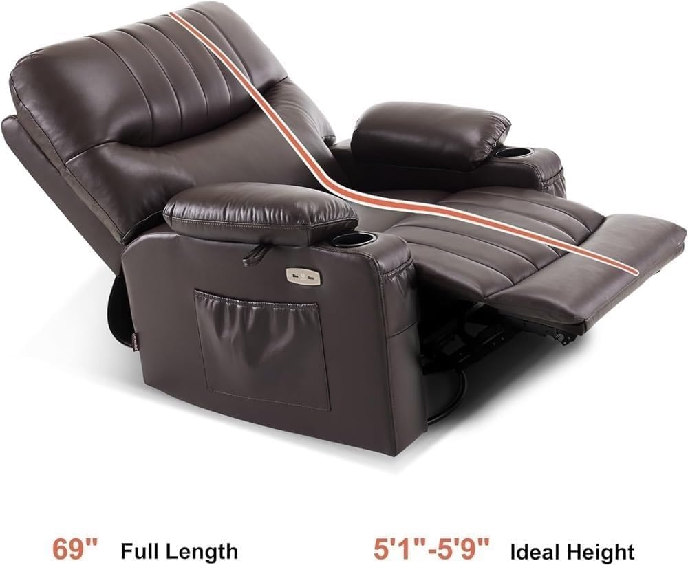 Dark Brown Electric Swivel Rocker Recliner Chair for Adults with Vibration and Heated Massage, Ergonomic Leather Lounge Sofa, USB Ports, Cup Holders, Modern Power Recliner for Living Room