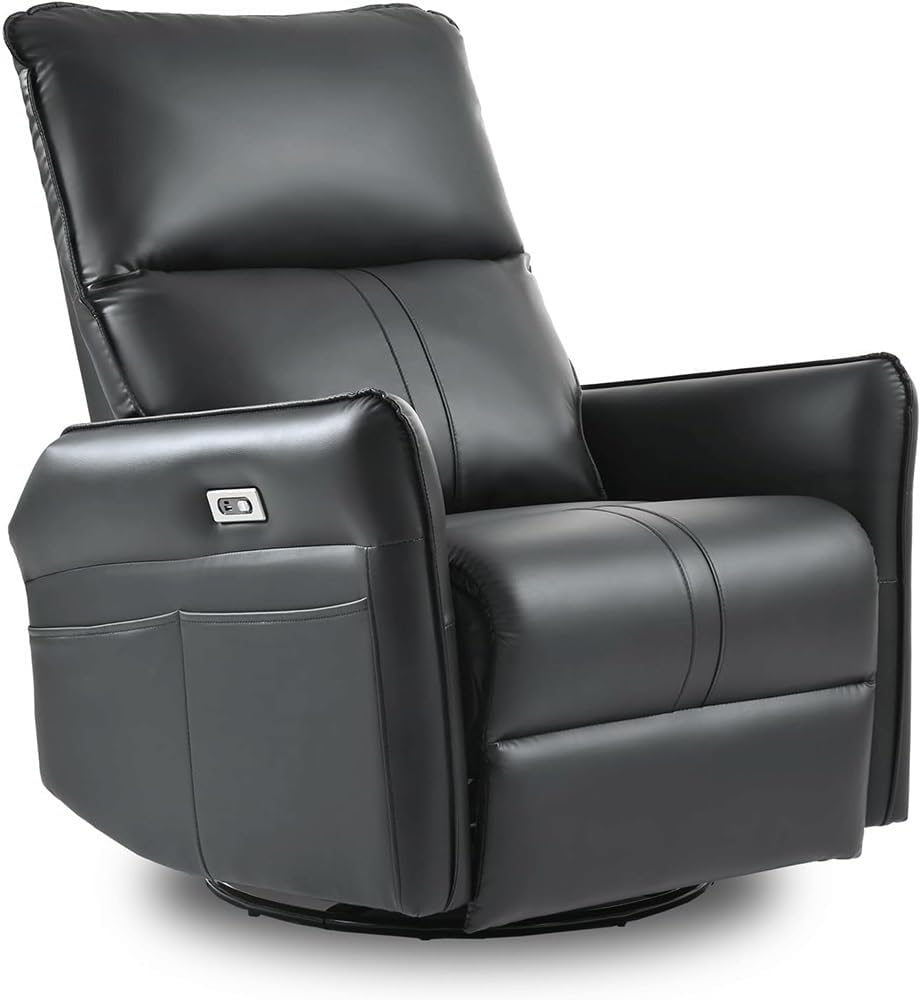 Black Power Swivel Rocker Recliner Chair with Charging Port, Leather Electric Recliner Chair, Comfortable Glider Recliner for Nursery, Home Theater Reclining Chair for Adults