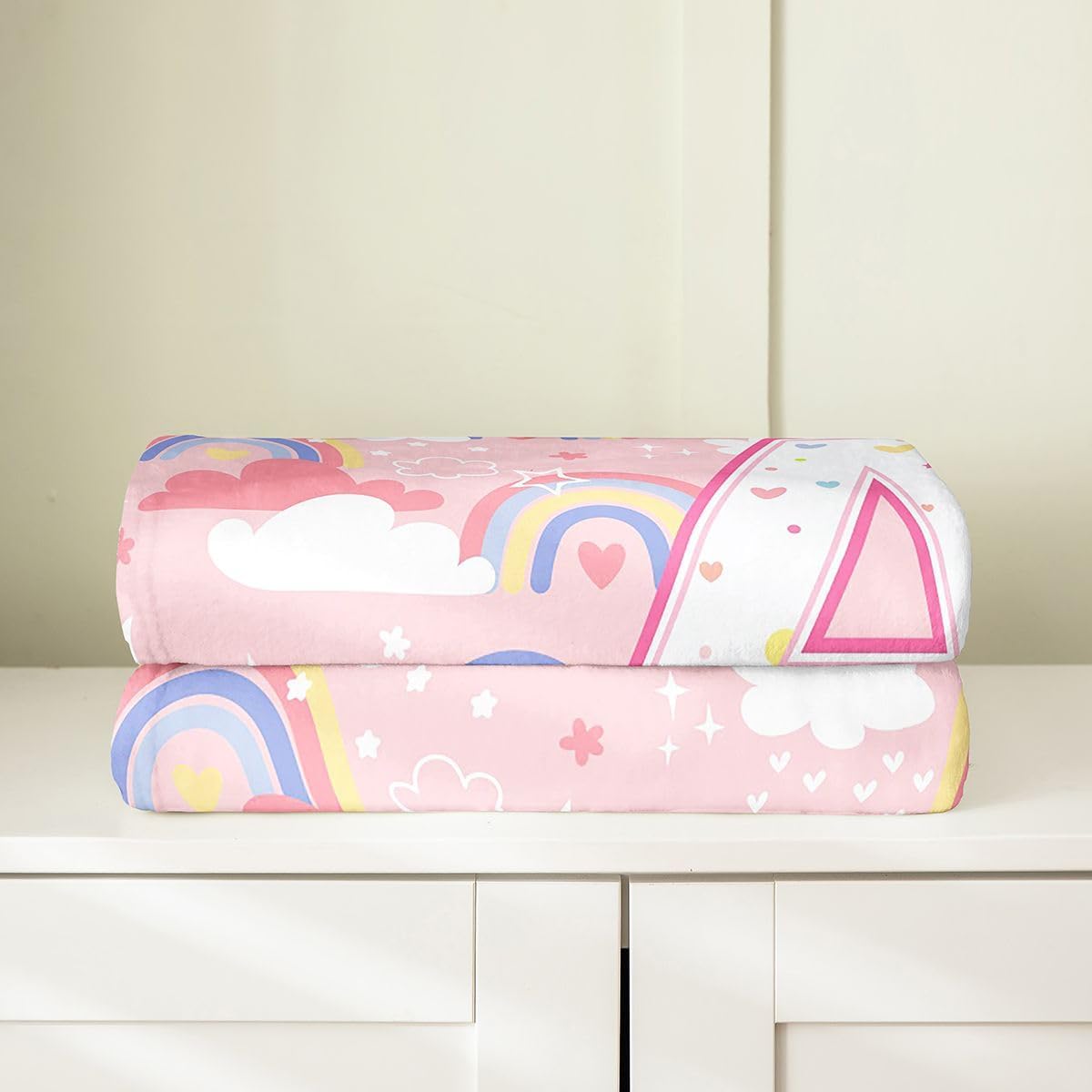Manfei Cartoon Rainbow Clouds Print Flannel Blanket Cute Letter A Throw Blanket Kawai Girly Pink Cozy Throws for Bed Couch Sofa,Kids Boys Girls Room Decor,Soft and Breathable(50 x 60 Inches)
