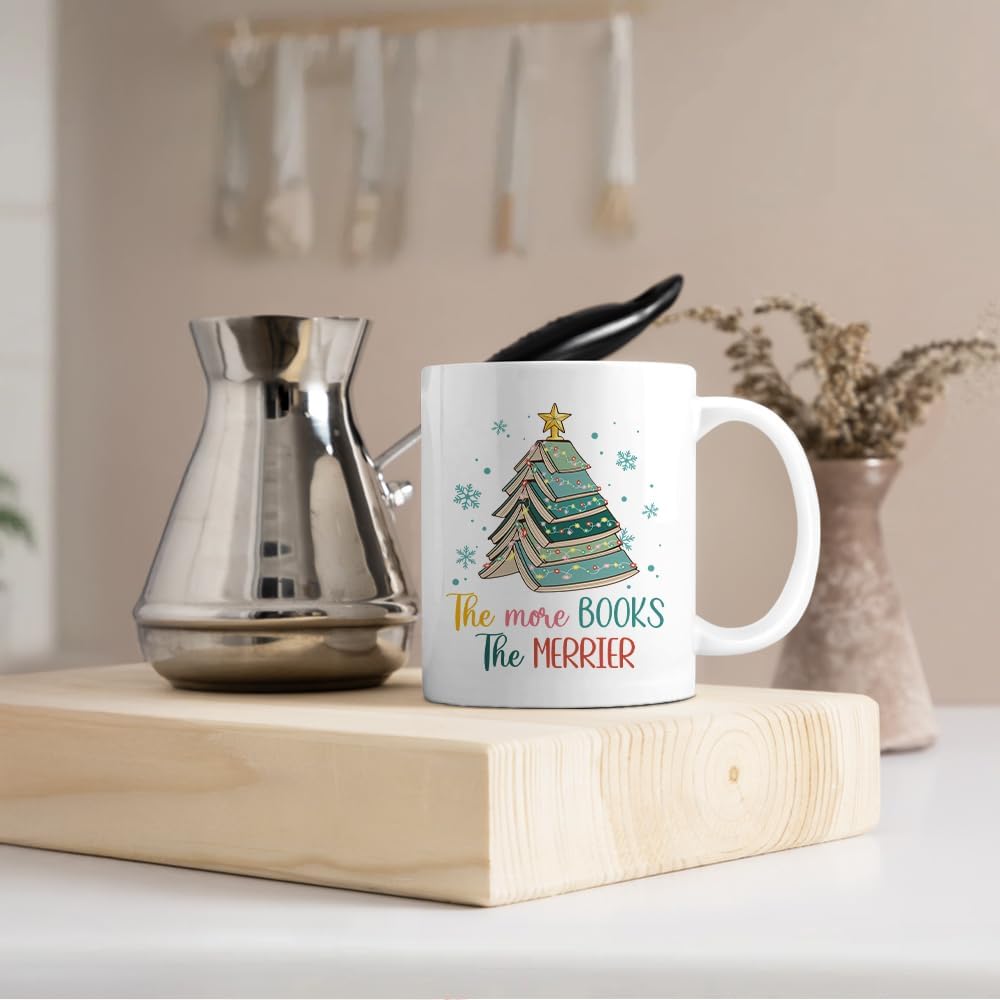 The More Books The Merrier Funny 11oz Double-Sided Ceramic Mug, Christmas Tree Coffee Mug For Coworker Book Lover, Xmas Reading Cup, Christmas Bookish Gifts for Bookworm Friend Family BBF