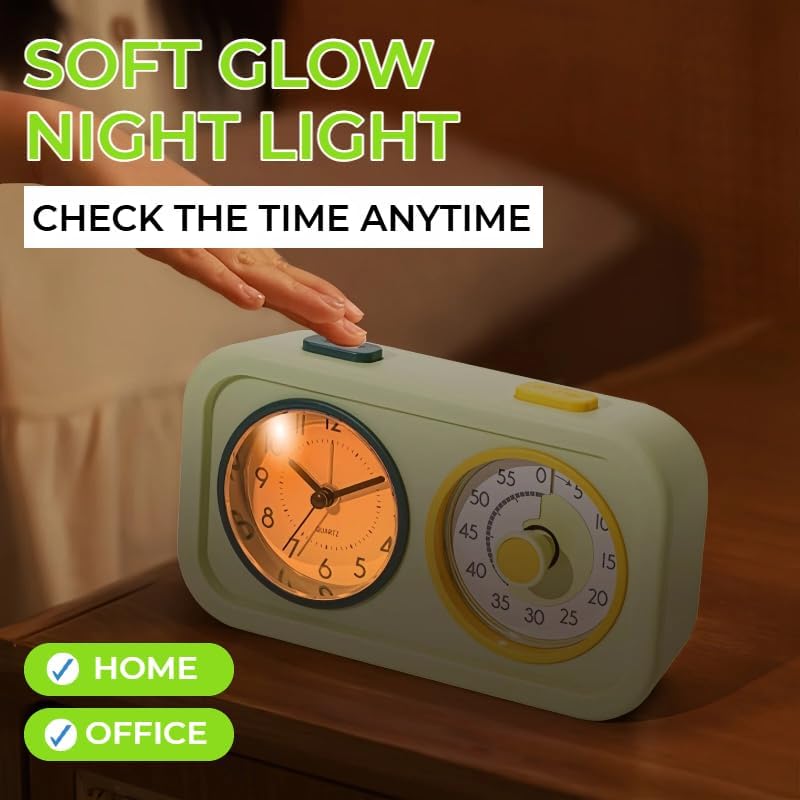 Visual Timer for Kids with Clock, 60 Minute Countdown Timer for Classroom, Home, Kitchen, Work, Dual-Screen Pomodoro Timer with Alarm Clock, Silent Time Management Tool with Night Light (Green)