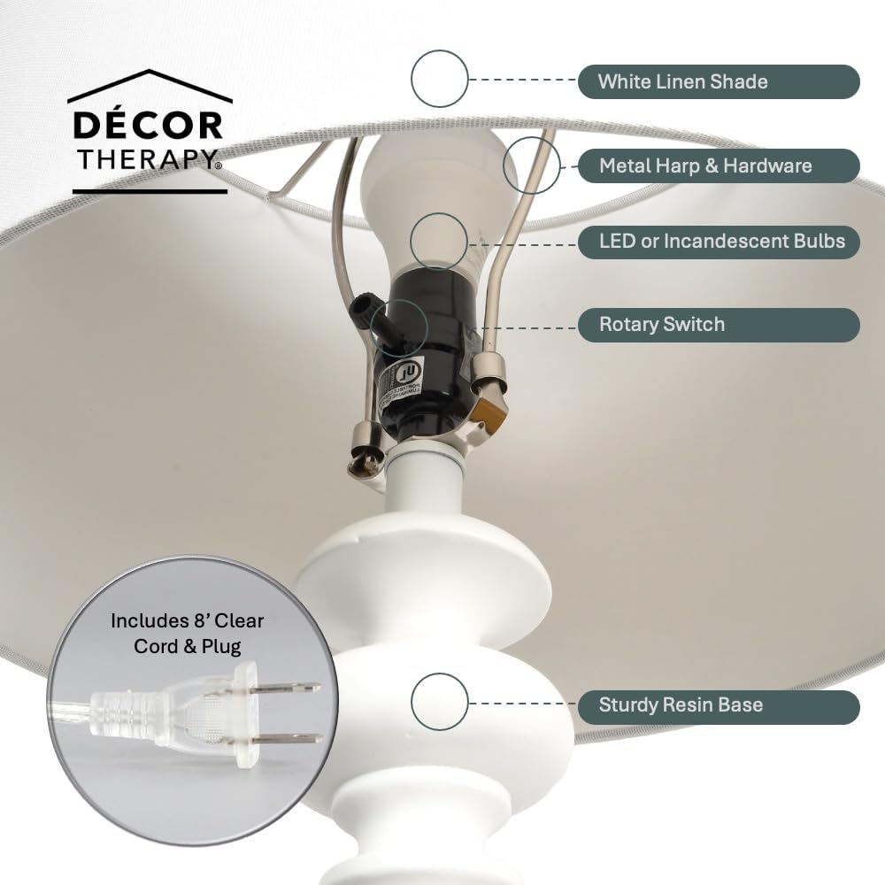 Decor Therapy Benjamin Floor Lamp for Bedroom, Traditional Style, Tall Modern Floor Lamp for Living Room, 150 W, White (19"x 19"x 59")