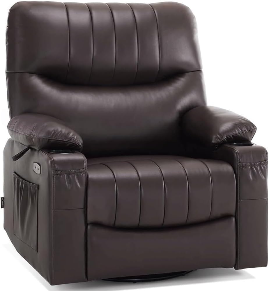 Dark Brown Electric Swivel Rocker Recliner Chair for Adults with Vibration and Heated Massage, Ergonomic Leather Lounge Sofa, USB Ports, Cup Holders, Modern Power Recliner for Living Room