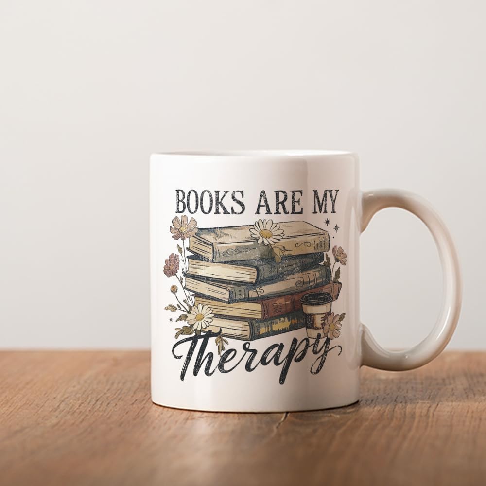 Funny Book Mug Gift for Book Lovers Readers, Books Are My Therapy Novelty Books Gift for Librarian Bookish Bookworm Women 11oz