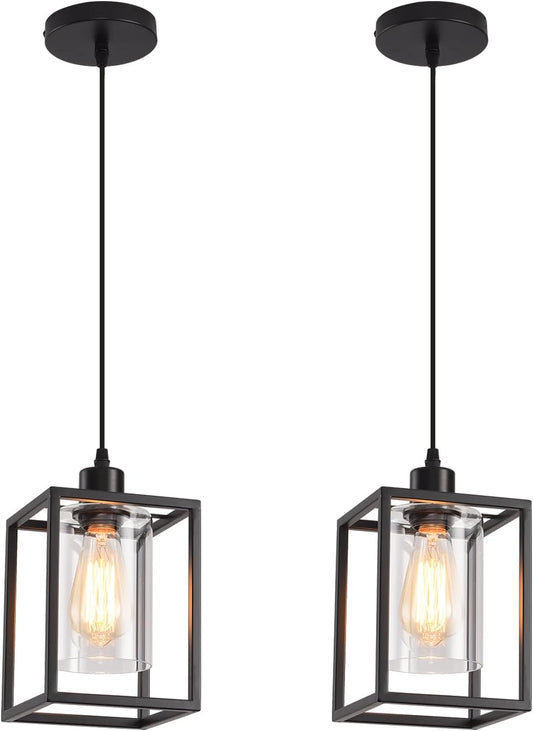 Black Pendant Lights for Kitchen Island Industrial Lantern Pendant Light Fixtures with Clear Glass Shade, Farmhouse Adjustable Height Hanging Pendant Lighting