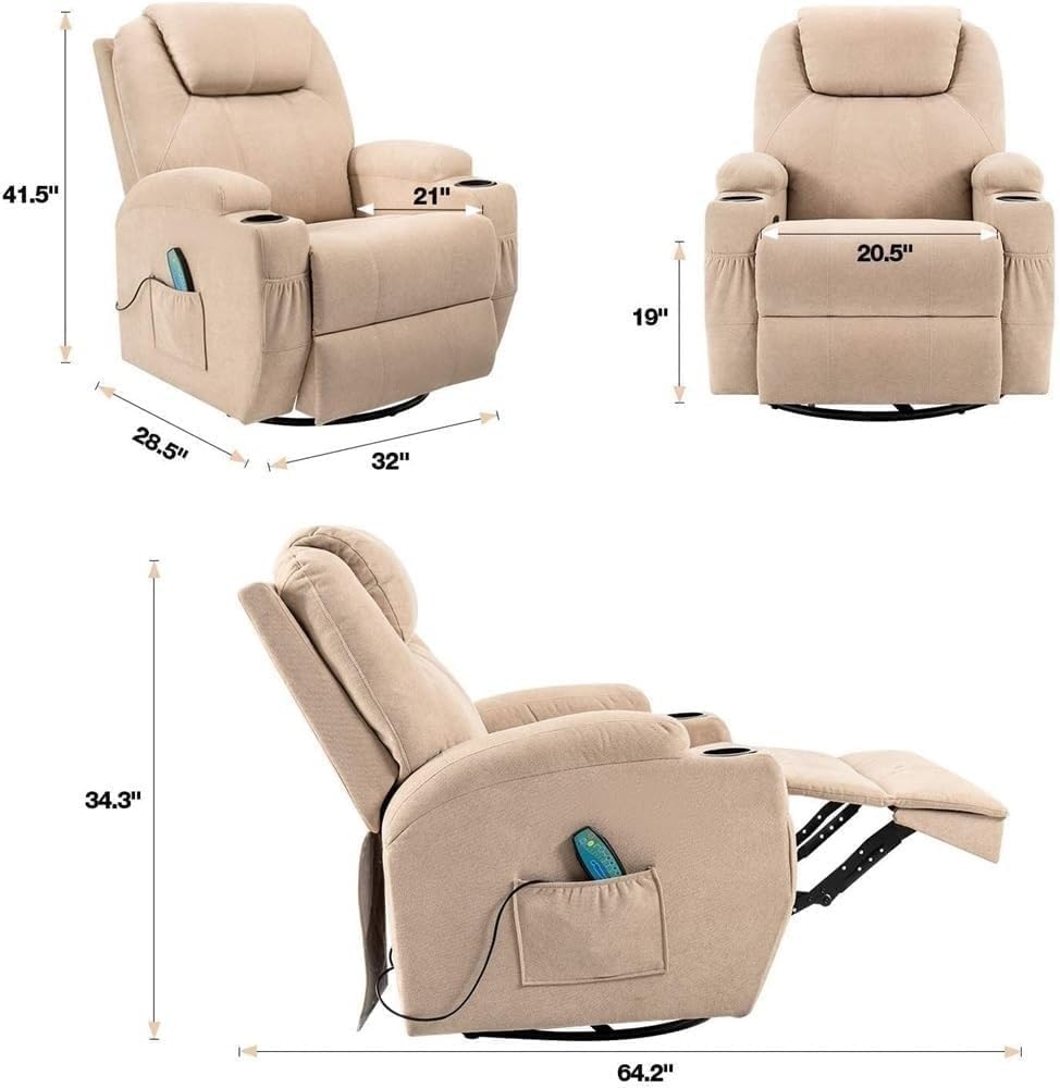 Modern Linen 360 Swivel Rocker Recliner Chair Massage and Heating Ergonomic Lounge Chair Comfortable Padded Single Sofa Recliner for Living Room Home Theater Seating