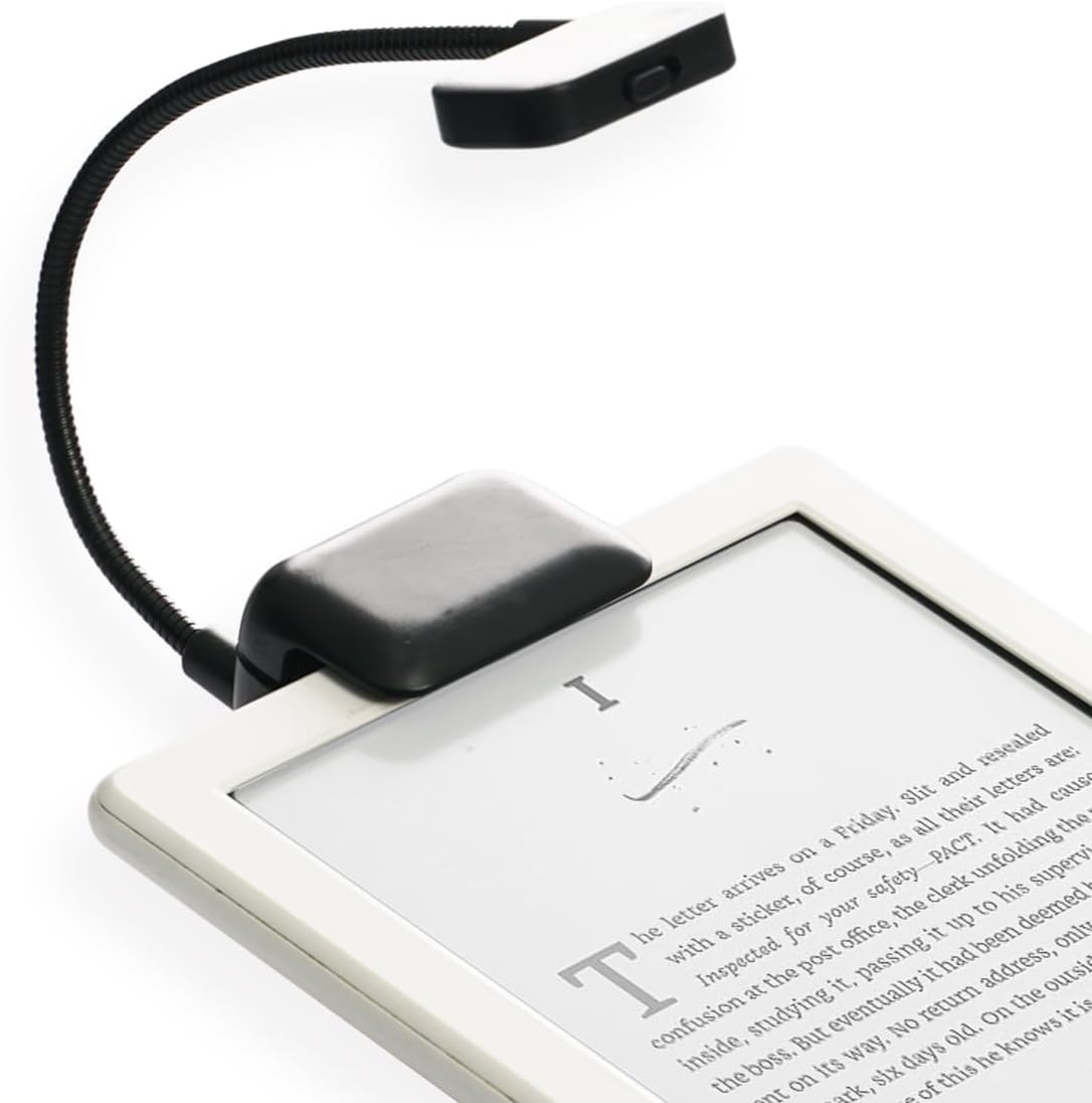 TFY Clip-on LED Reading Light with 2 Levels of Lumen Intensity for Kindle, Other e-Readers, Tablets, Books Plus Bonus Hand Strap Holder for 6 inch Kindle e-Readers (Black)