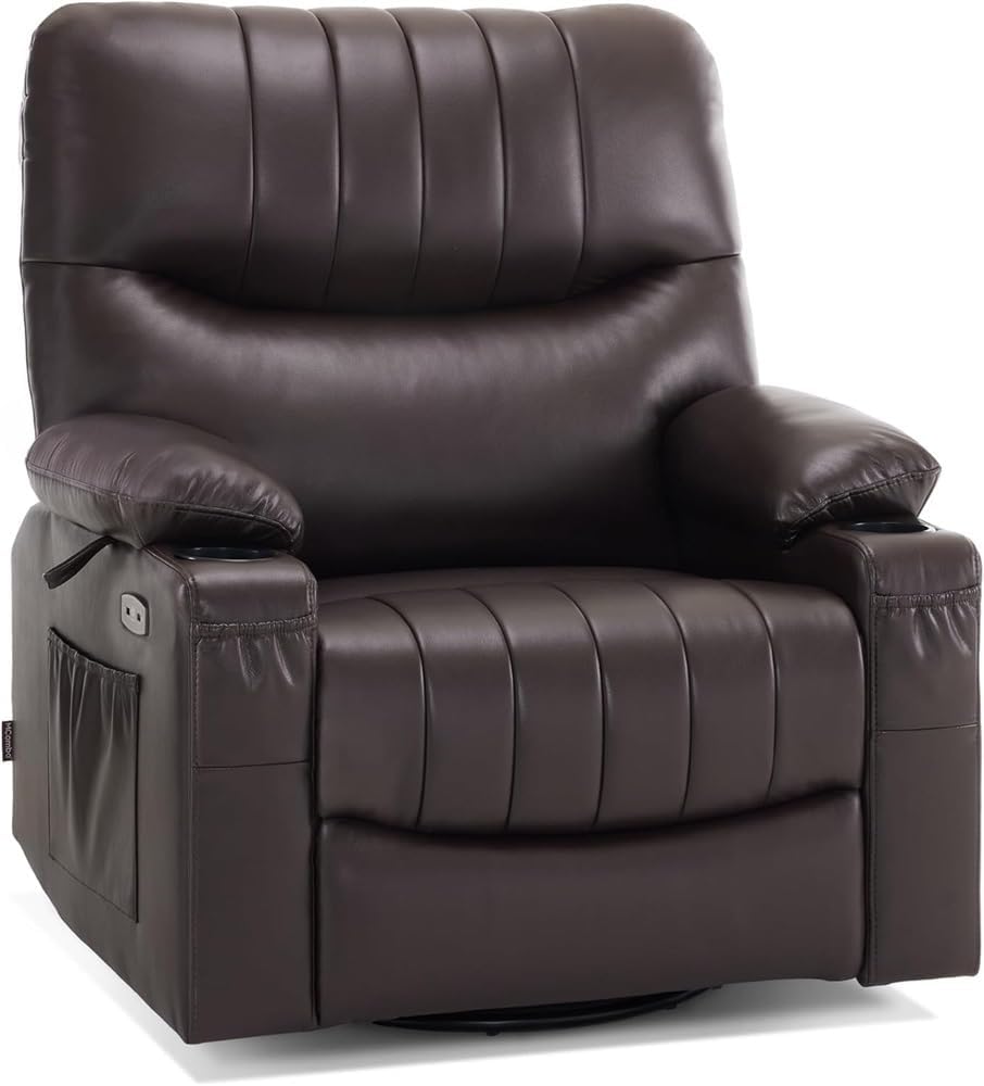 Power Swivel Glider Rocker Recliner with Heat & Vibration Massage, Overstuffed Electric Reclining Chair with USB Ports – Plush Comfort Recliner for Living Room & Home Theater
