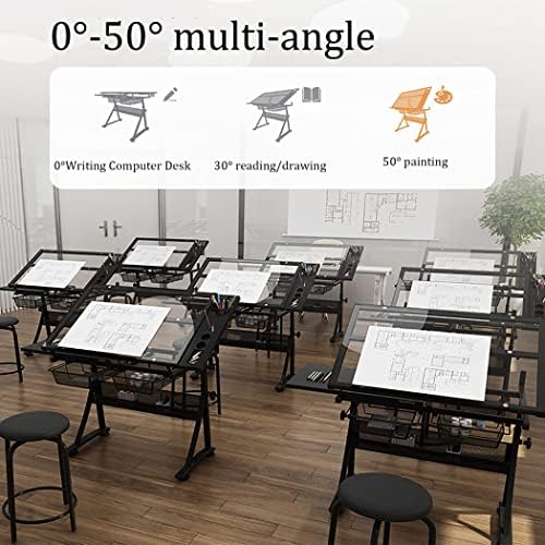 Height Adjustable Artist Workstation - Tempered Glass Top, 2 Storage Drawers, Tiltable Desk for Drawing, Writing, Reading & Crafting - Versatile Art Studio Table