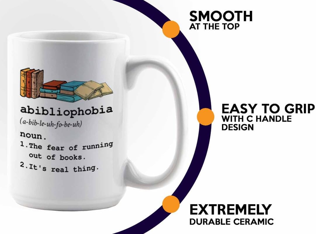 Reading Coffee Mug 15oz White - Abibliophobia Definition - Reader Gift Bookworm Owl Lover Cat Lover Book Lover Novelist Librarian Writer