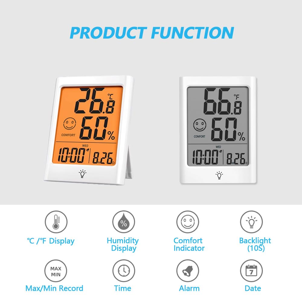 Digital Indoor Thermometer for Room, Smart Temperature Humidity Monitor with Backlight, Comfort Indicator, Max/Min Record, Time, Calendar, Alarm, °c/°f Switch for Bedroom, School