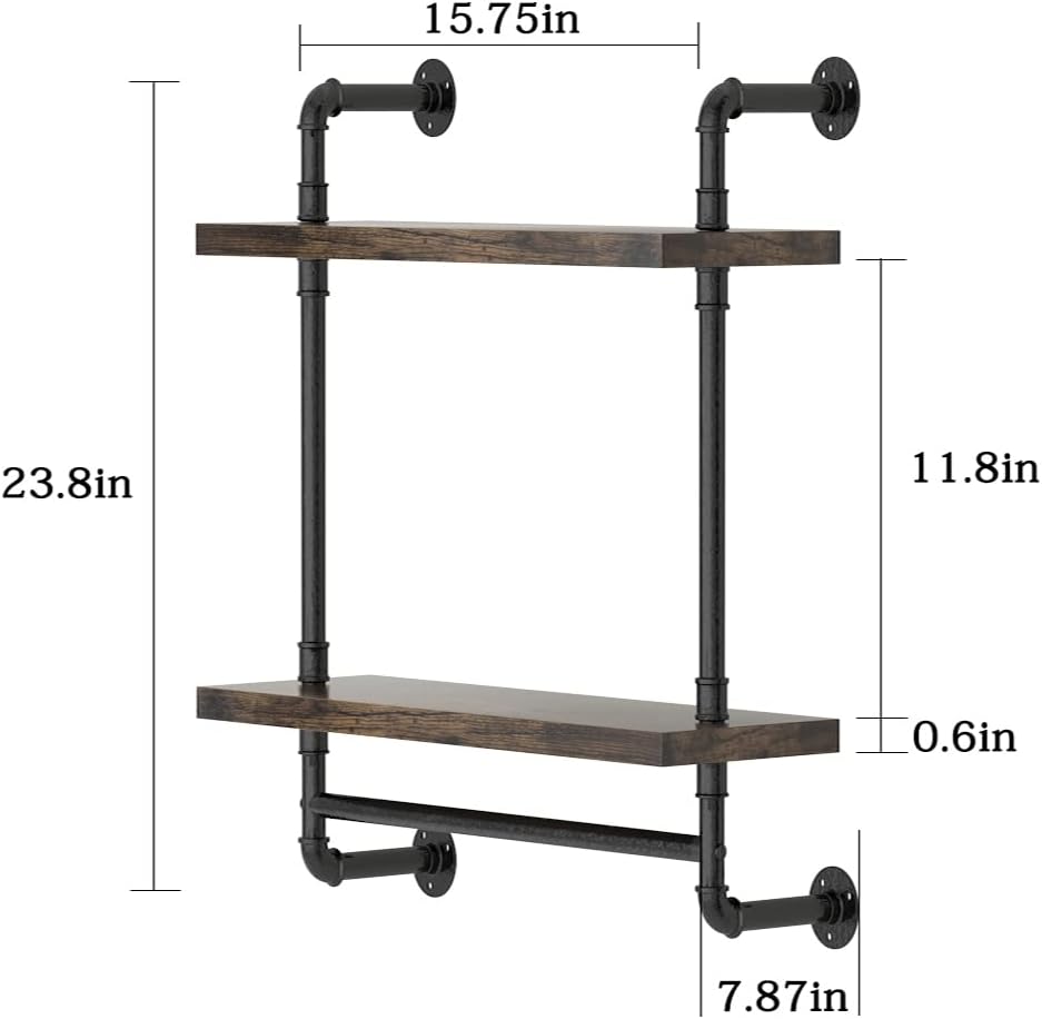 Helsin Industrial Pipe Floating Bathroom Shelves Wall Mounted with Towel bar, 2 Tier Rustic Wood Wall Shelf, 16inch Metal Towel Rack Storage Bookshelf for Bathroom, Kitchen, Farmhouse, Living Room | with Towel bar, Wall Shelf, Towel Rack, Storage Bookshel