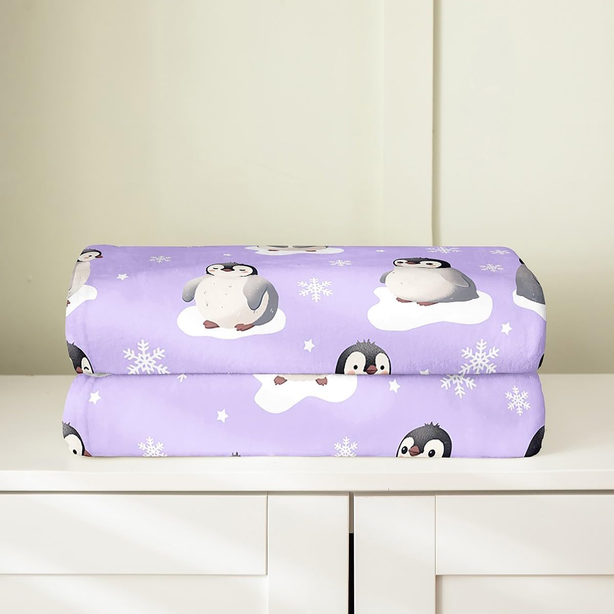 Erosebridal Purple Penguin Blanket Throw 50x60, Cartoon Animals Throw Blanket for Kids Boys Girls, Cute Winter Snowflakes Print Soft Fleece Blanket for Sofa Bed, Kawaii Snow All Seasons Fuzzy Blanket