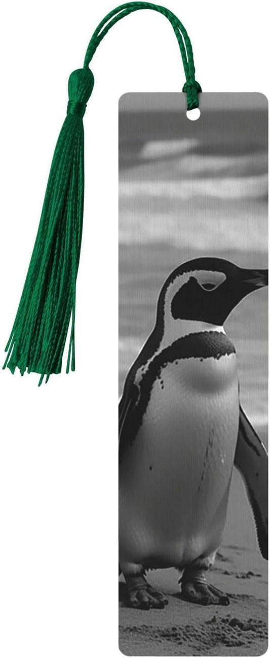 Penguin Standing on The Beach Bookmarks Gifts for Women Men, Wooden Bookmarks for Book Lovers, Vintage Book Marks Ornaments with Tassel, Unique Personalized Reading Page Markers Dark Green