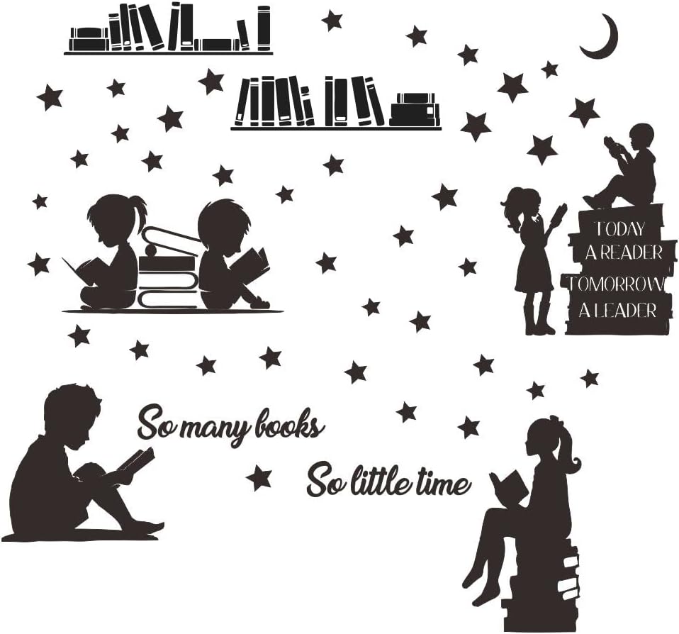 Kids Reading Wall Decal - Today a Reader Tomorrow a Leader Inspirational Quote Sticker - Removable PVC Vinyl for Playroom, Bedroom, Home Library - 31"x34" JWH202 (Black)