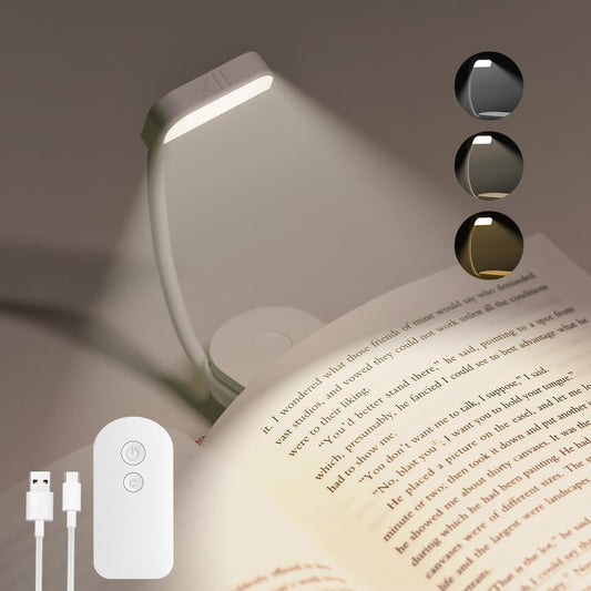 Book Light, Rechargeable Mini Clip on Reading Light with 3 Colors & Foldable Hose, Dimmable LED Book Night Light for Reading in Bed at Night, Gifts for Readers Book Lovers Women Men Kids (White)