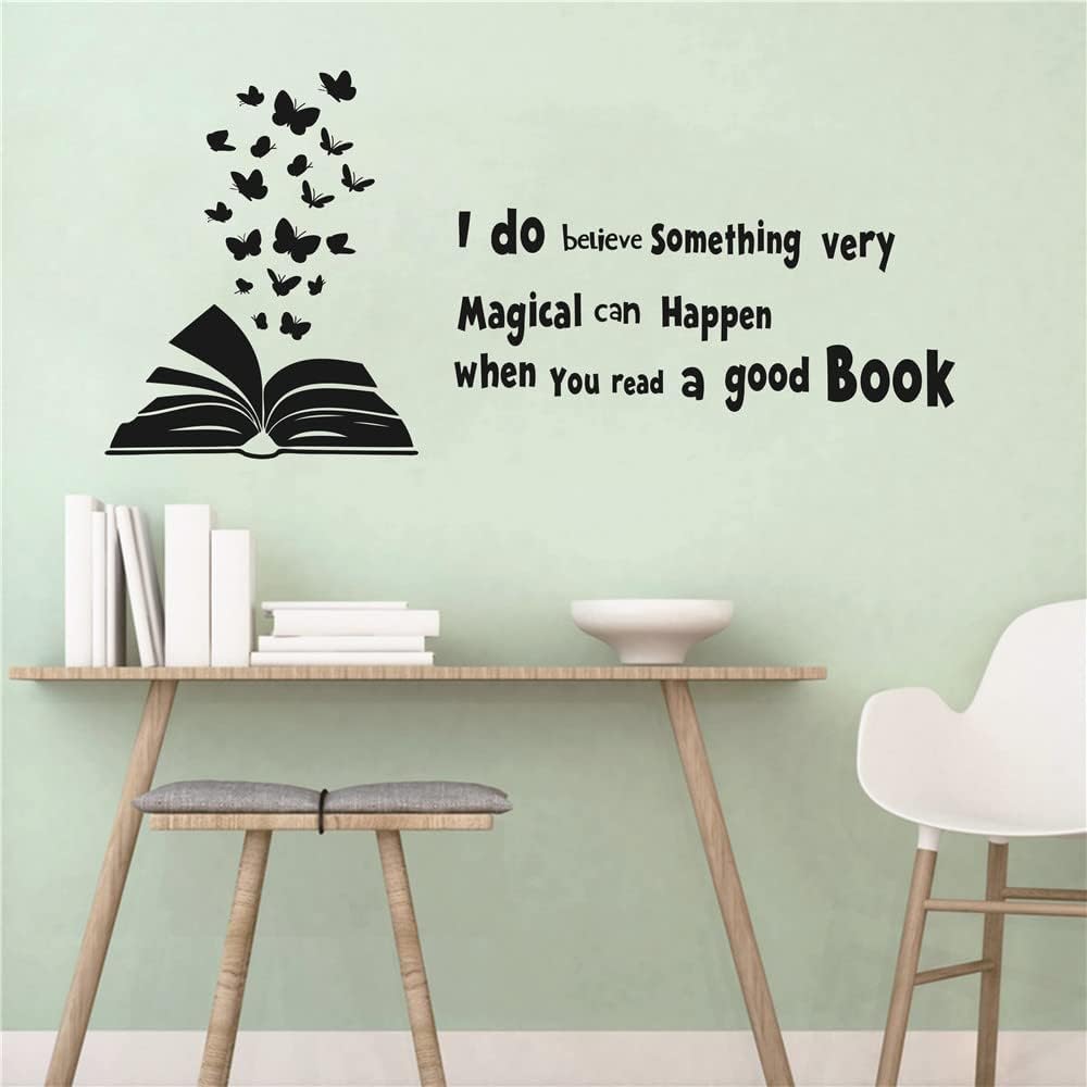 60x28 inches Reading Book Wall Decal Open Book Butterflies Reading Room Quote Wall Decoration I do Believe Something Very Magical can Happen Kids Children Study Bedroom Poster AFN03 (Black)