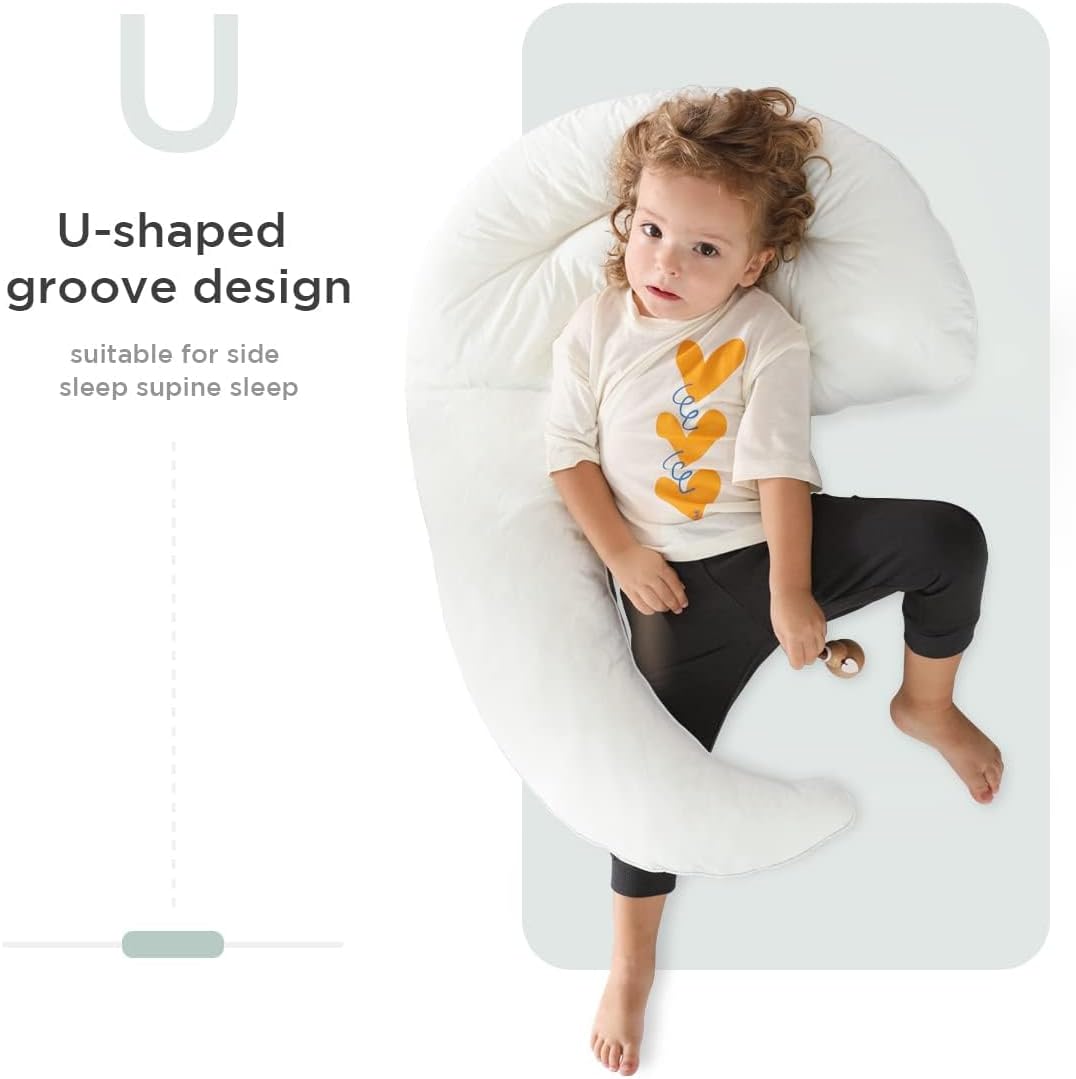 Choc chick Curve Long Toddler Kids Body Pillow for Sleeping, 34x27 inches Moon Shape Soft Child Hug Pillow, 100% Natural Cotton Pillowcase, Washable & Breathable Crib Pillow for Kids