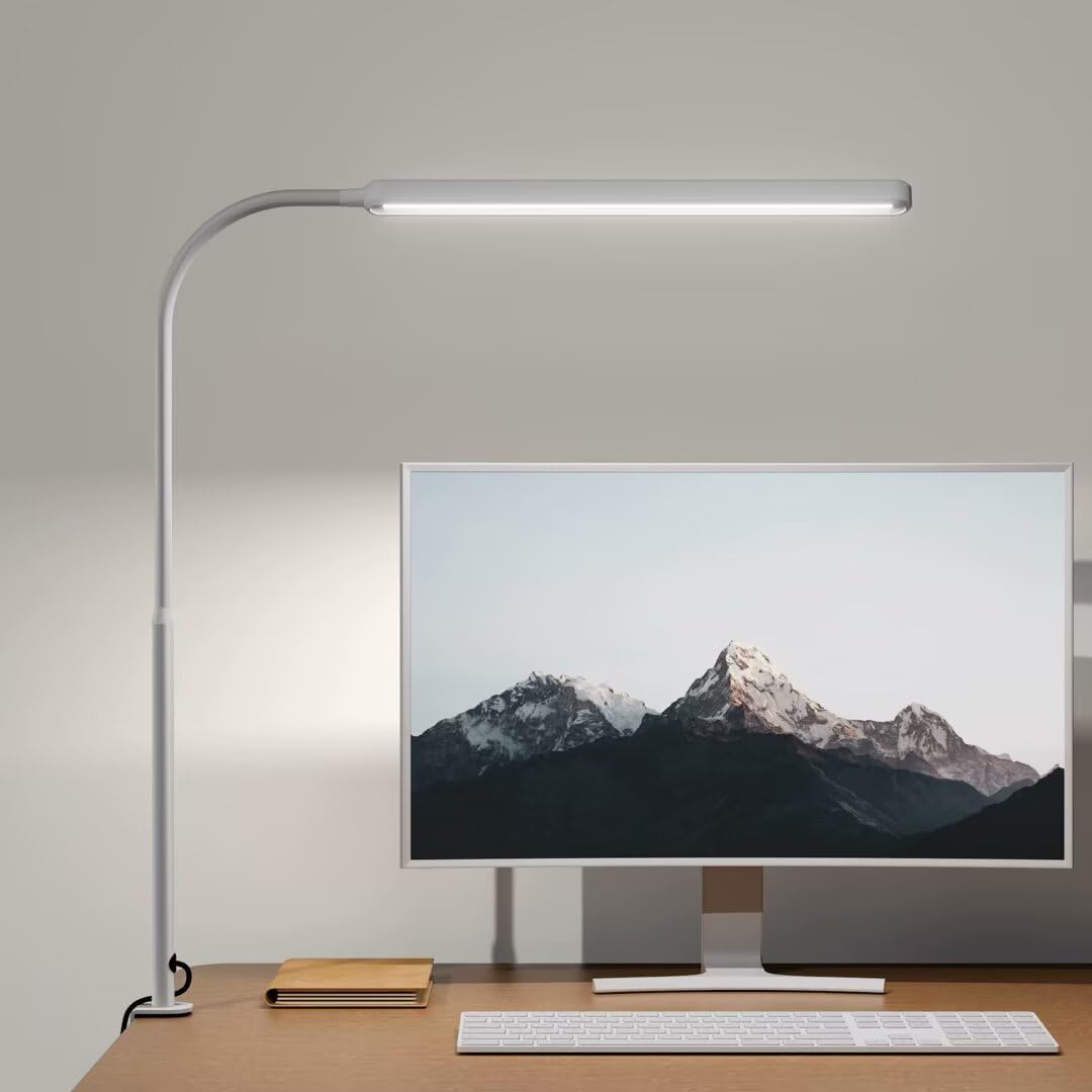 SUPERDANNY Eye-Caring LED Desk Lamp 360° Flexible Gooseneck Work Lamp with Desk Side Clamp Touch Control 3 Light Colors Smooth Dimming Task Lighting Reading Light for Home Office College Dorm, White