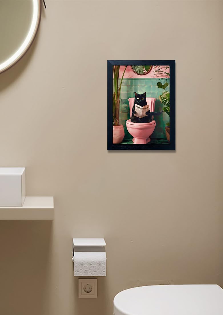 Framed Black Cat Bathroom Decor Pink Trendy Girly Wall Art Funny Cat Reading Toilet Decor Farmhouse Picture Wall Decor
