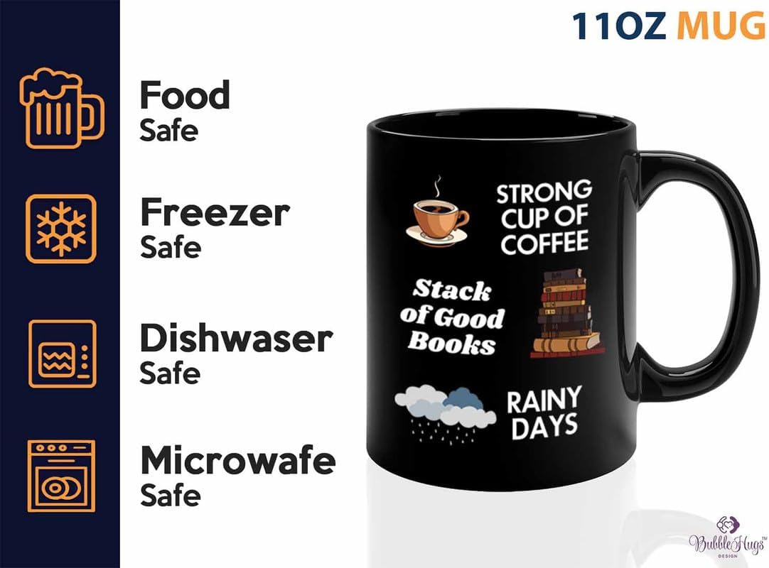 Reading Coffee Mug 11oz Black - Coffee Book Rainy Days - Reader Gift Bookworm Owl Lover Cat Lover Book Lover Novelist Librarian Writer