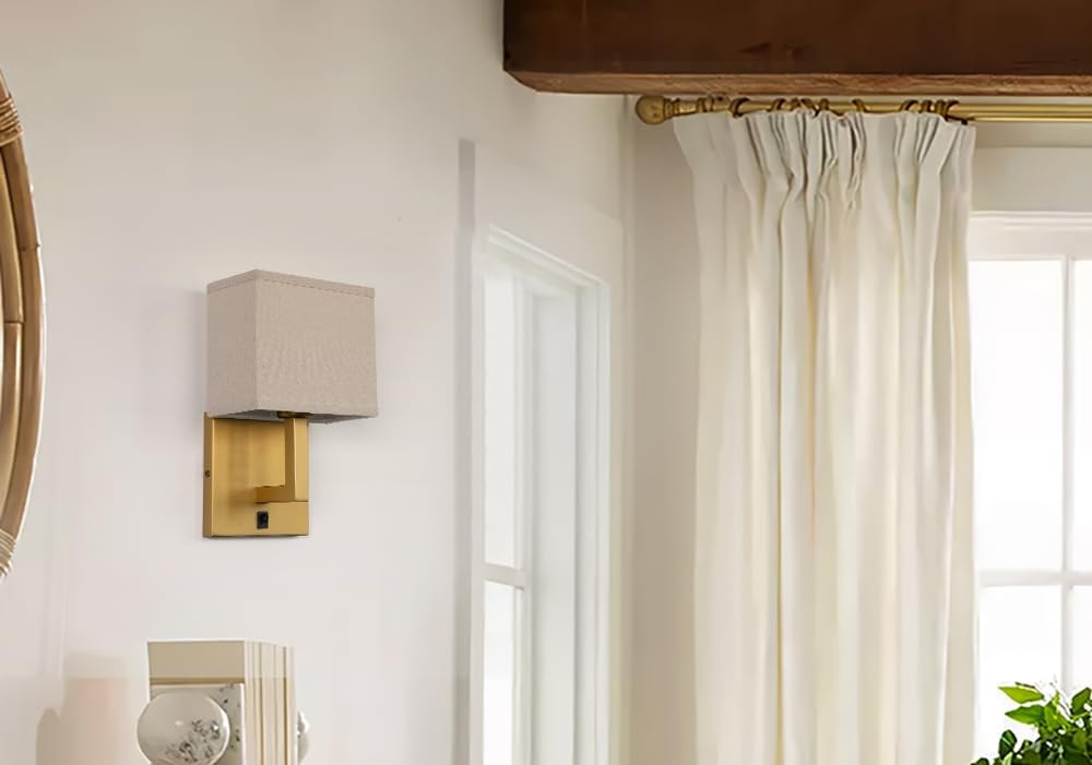 Yosoan Linen Boho Fabric Wall Sconce with On Off Switch, 1-Light Brass Vanity Retro Hardwired Indoor Vintage Industrial Wall Mount Lamp Fixture Lighting for Bedside Living Room Stairwell(Antique)