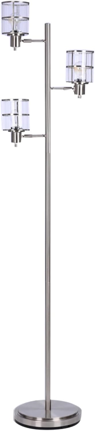 Catalina Lighting Modern 3 Light Floor Lamp with Adjustable Ribbed Glass Shades & Reading Light, 68", Classic Brushed Nickel