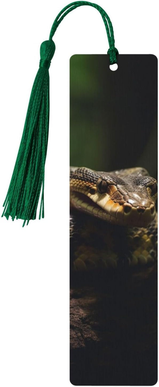 Snake Resting on a Log Bookmarks Gifts for Women Men, Wooden Bookmarks for Book Lovers, Vintage Book Marks Ornaments with Tassel, Unique Personalized Reading Page Markers Dark Green