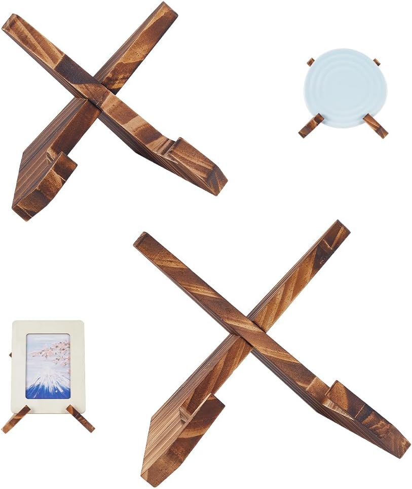 WADORN 2 Styles Wooden Plate Display Stand, 4.9 Inch 6.6 Inch Wood Plate Holder Stands for Display Wooden Decorative Picture Frame Holder for Dish Photo Platter Plaque Diploma Awards Vinyl Records