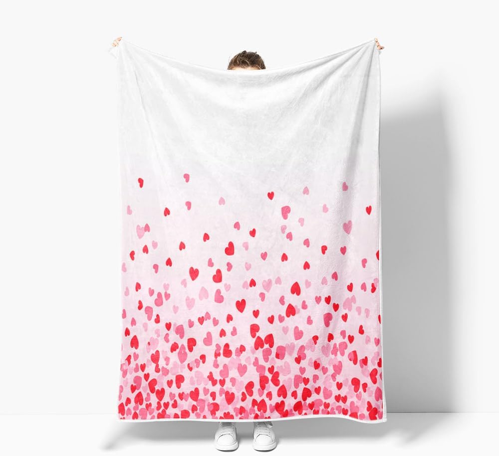 Valentine's Day Gift Fleece Blanket for Mom, Wife, Pink Love Heart Decorative Throw for Couch Sofa Bed, Flannel Blanket - Super Cozy Comfy Throw Blanket (Red, 50"X60")