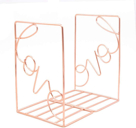 Winterworm Metal Bookends Book Ends Heavy Duty Modern Decorative for Bedroom Library Office School Book Display Desktop Organizer Gift(Love Rose Gold)