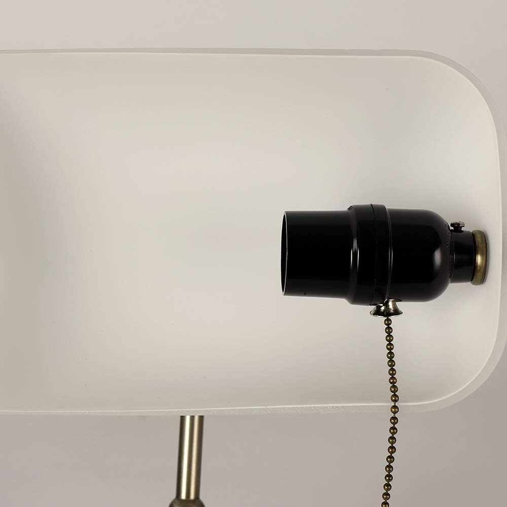 Newrays Glass Bankers Desk Lamp with Pull Chain Switch Plug in Fixture,Satin Brass Finish (White)