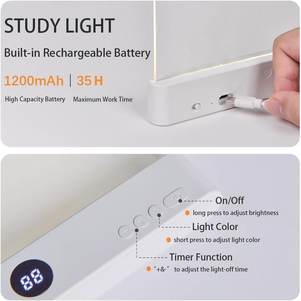 Book Light, 3 Color Adjustable LED Flat Reading Light, Rechargeable Clear Panel Plate Lamp with Timer & Memory Function, Bedside Lamp Book Lovers Gifts for Boys and Girls Women Man (Black)