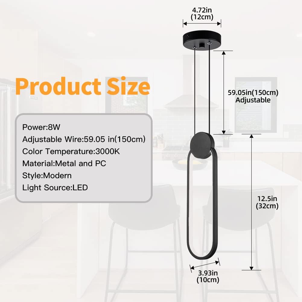 Modern Black LED Pendant Lights Fixtures, 2 Pack Minimalist Design Oval Pendant Lighting for Kitchen Island,Warm White Hanging Light for Bedroom Dining Room Bathroom 8W