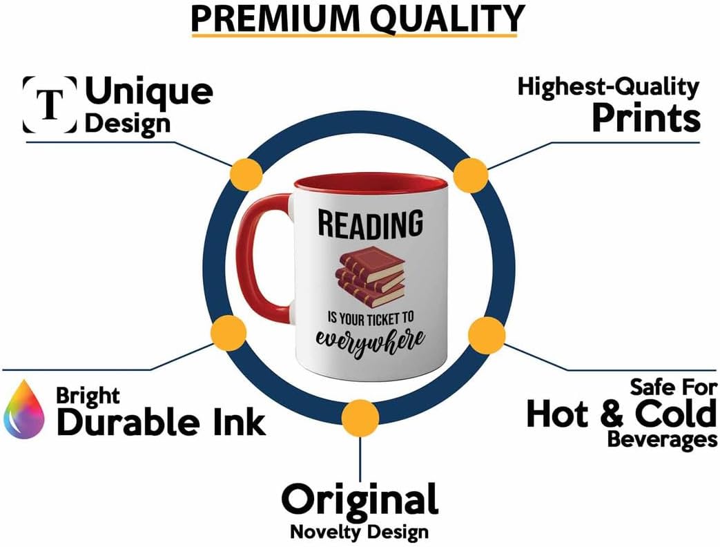 Bookish 2Tone Mug 11oz Red -Reading ticket to everywhere - Novel enthusiast Book Club Librarian Book Lover Writer Reader Bibliophile